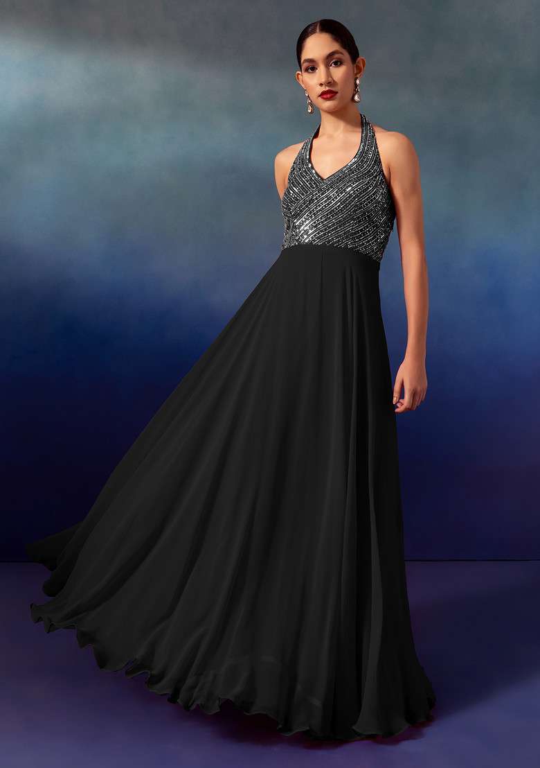 Black Sequin And Bead Embellished Halter Anarkali Gown With Dupatta - Indya