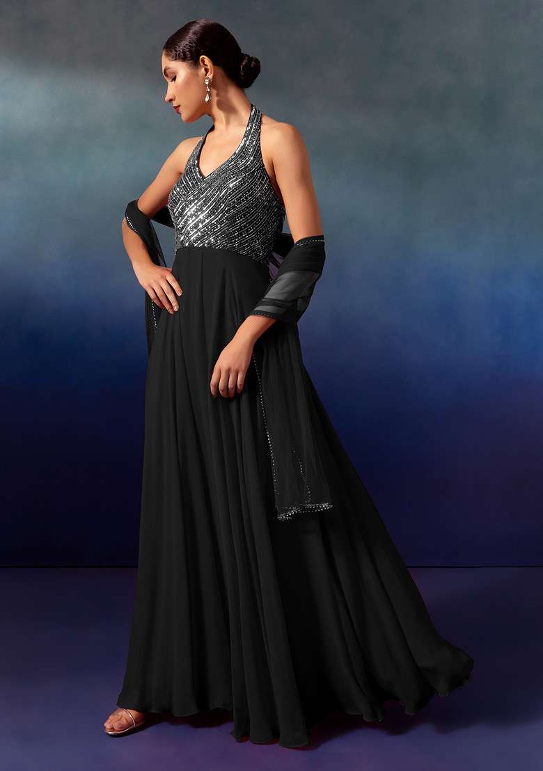Black Sequin And Bead Embellished Halter Anarkali Gown With Dupatta - Indya