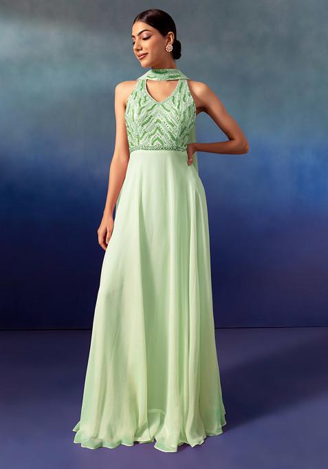 Mint Green Sequin And Bead Embellished Halter Anarkali Gown With Dupatta