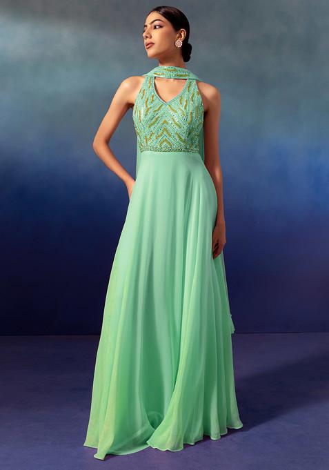 Seafoam Sequin And Bead Embellished Halter Anarkali Gown With Dupatta