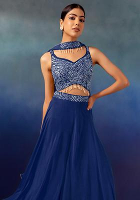 Teal Palazzo Set With Tonal Sequin Embroidered Blouse And Dupatta