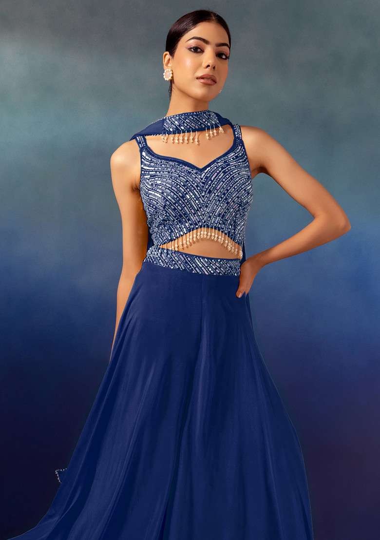 Teal Palazzo Set With Tonal Sequin Embroidered Blouse And Dupatta - Indya