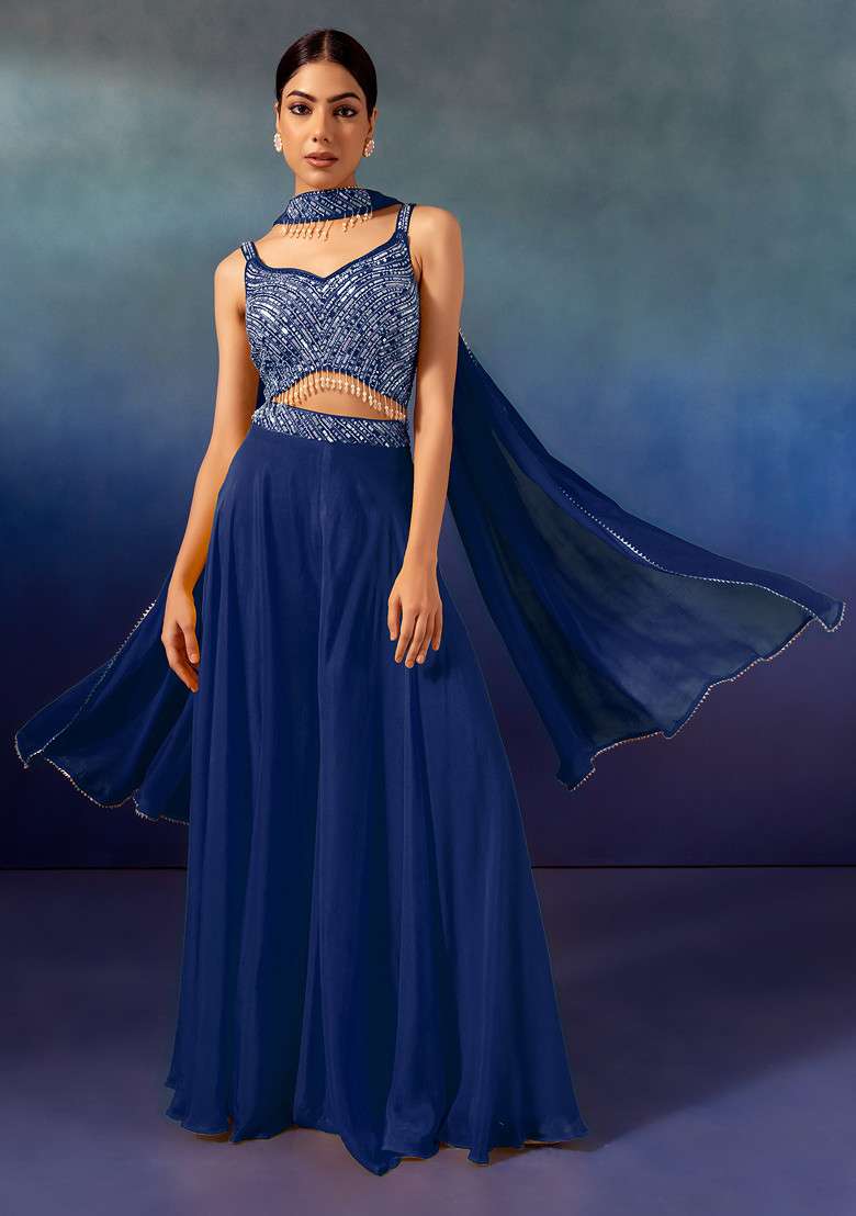 Teal Palazzo Set With Tonal Sequin Embroidered Blouse And Dupatta - Indya