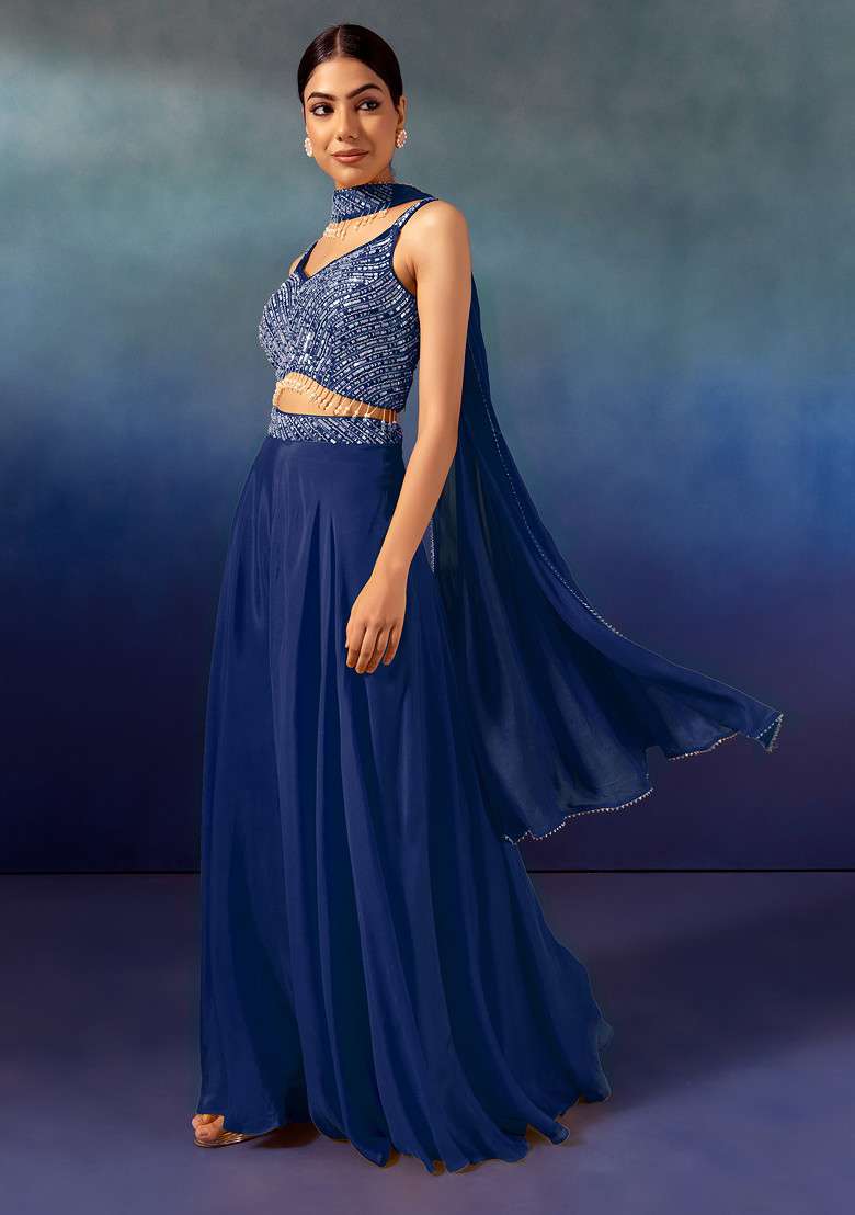 Teal Palazzo Set With Tonal Sequin Embroidered Blouse And Dupatta - Indya