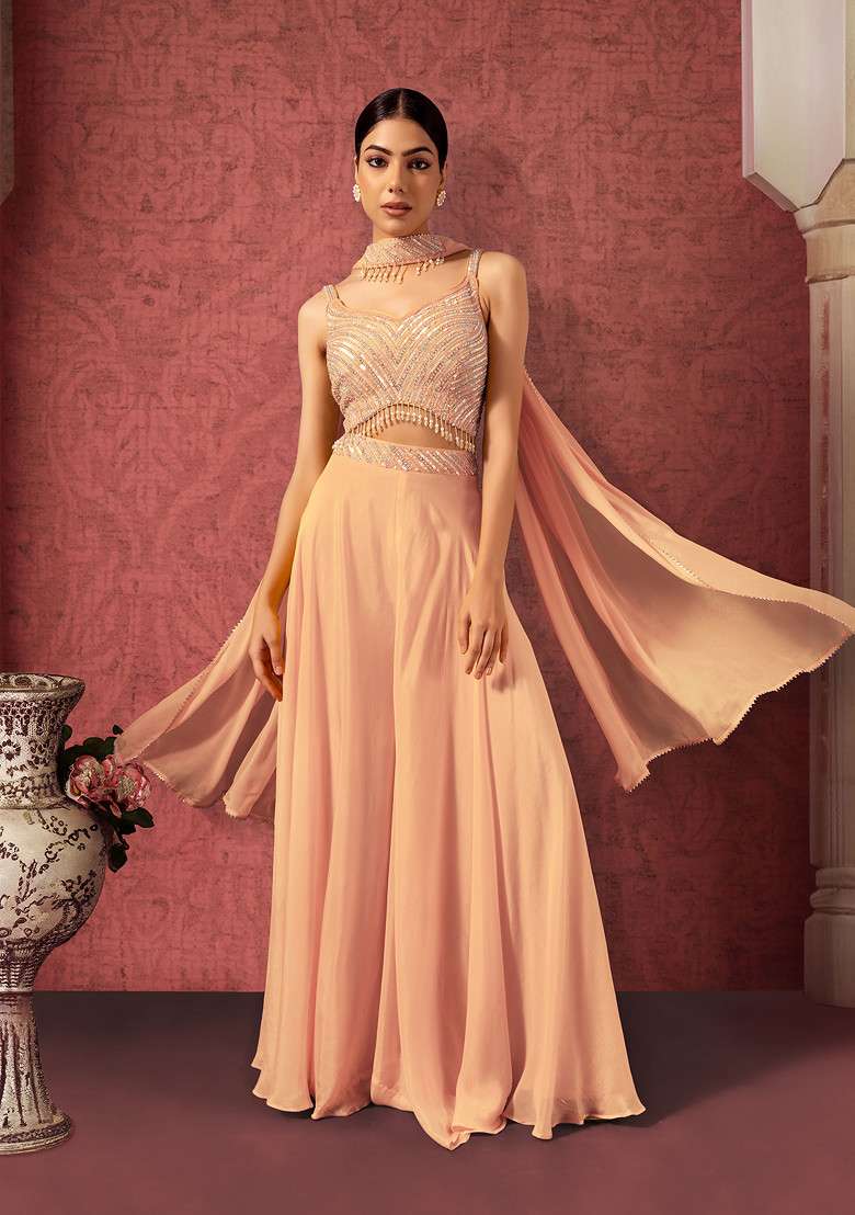 Blush Palazzo Set With Tonal Sequin Embroidered Blouse And Dupatta - Indya