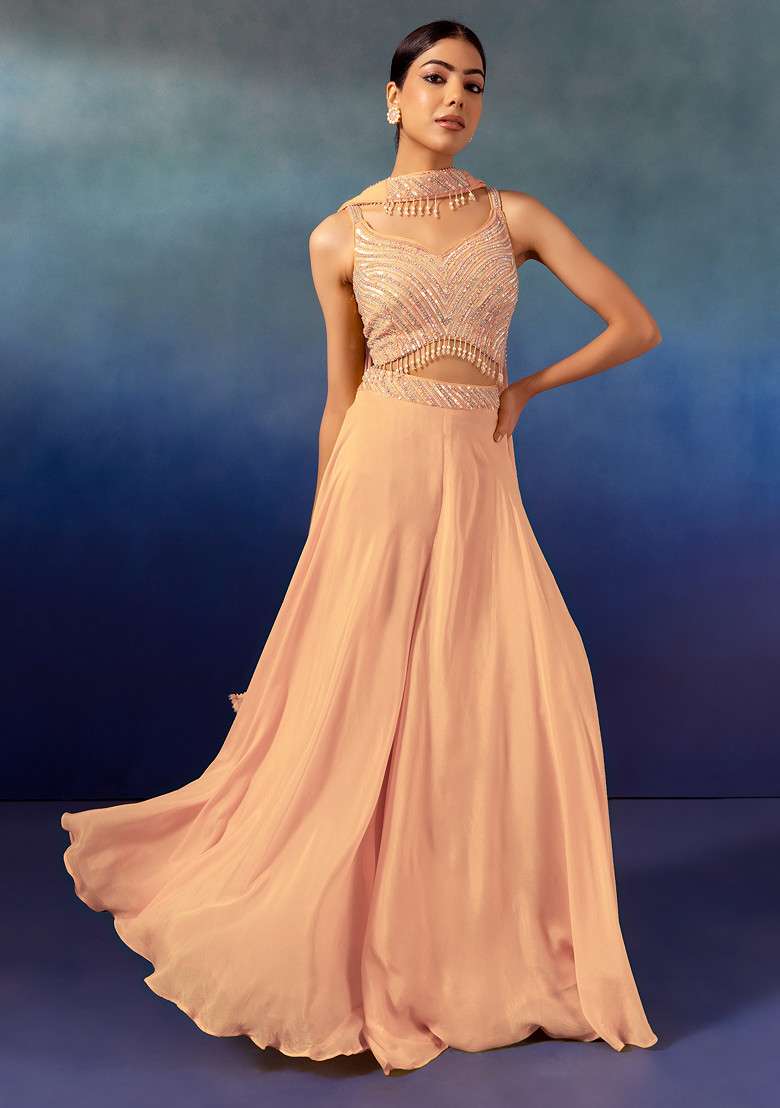 Blush Palazzo Set With Tonal Sequin Embroidered Blouse And Dupatta - Indya