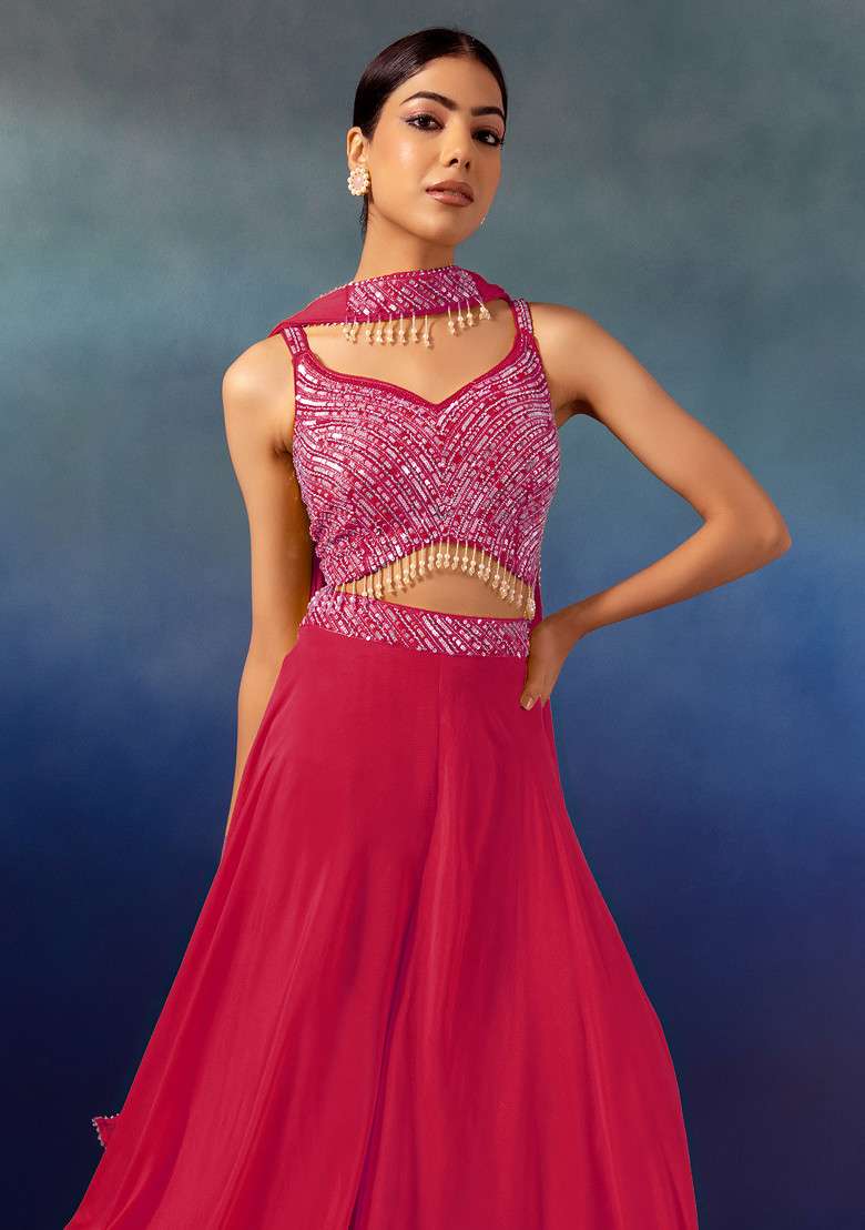 Berry Palazzo Set With Tonal Sequin Embroidered Blouse And Dupatta - Indya