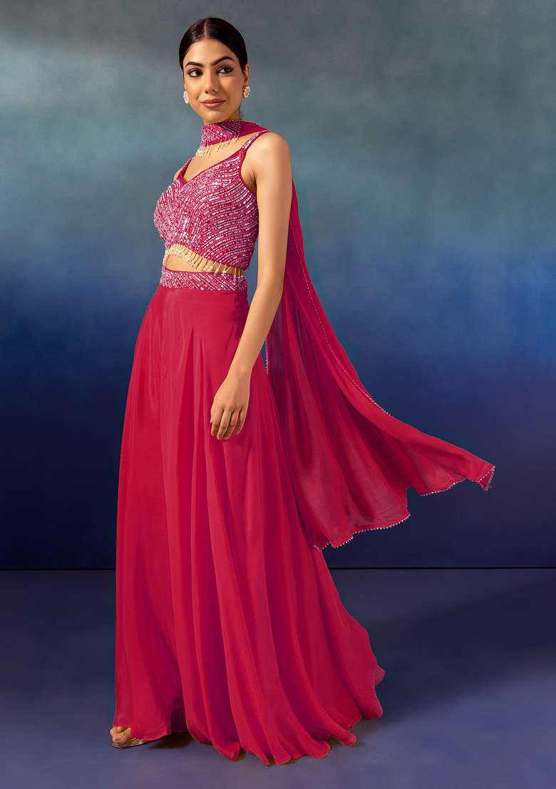 Berry Palazzo Set With Tonal Sequin Embroidered Blouse And Dupatta - Indya