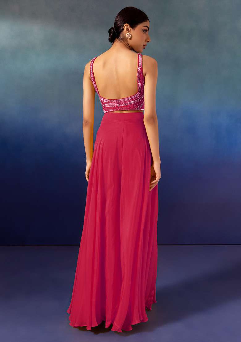 Berry Palazzo Set With Tonal Sequin Embroidered Blouse And Dupatta - Indya