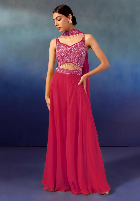Berry Palazzo Set With Tonal Sequin Embroidered Blouse And Dupatta