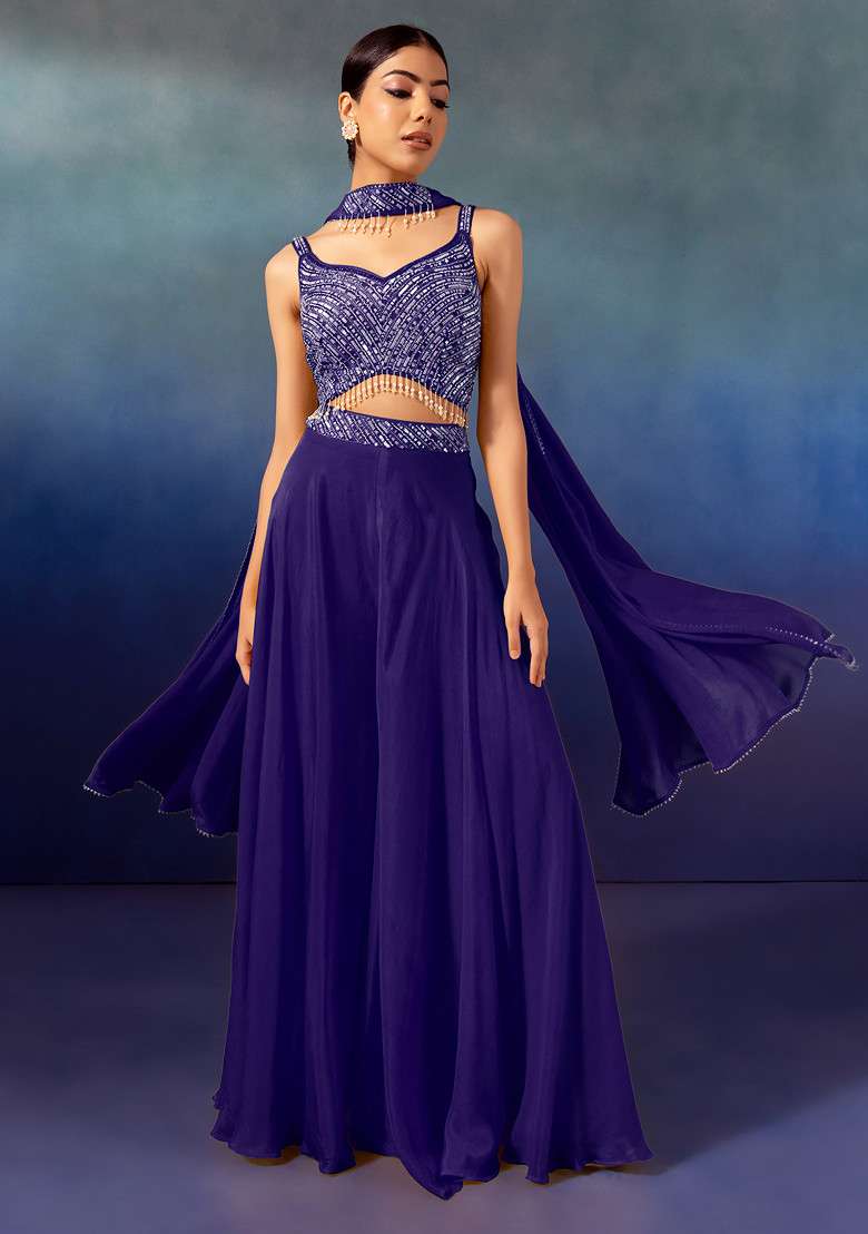 Purple Palazzo Set With Tonal Sequin Embroidered Blouse And Dupatta - Indya