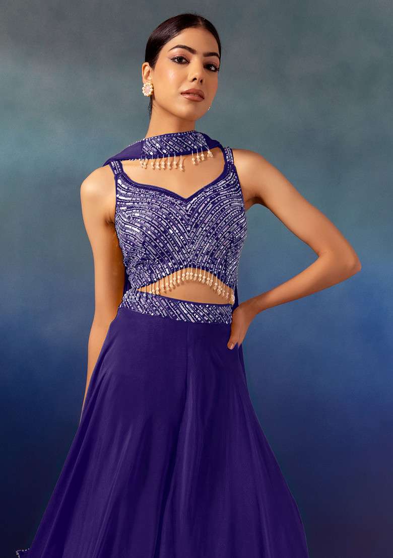 Purple Palazzo Set With Tonal Sequin Embroidered Blouse And Dupatta - Indya