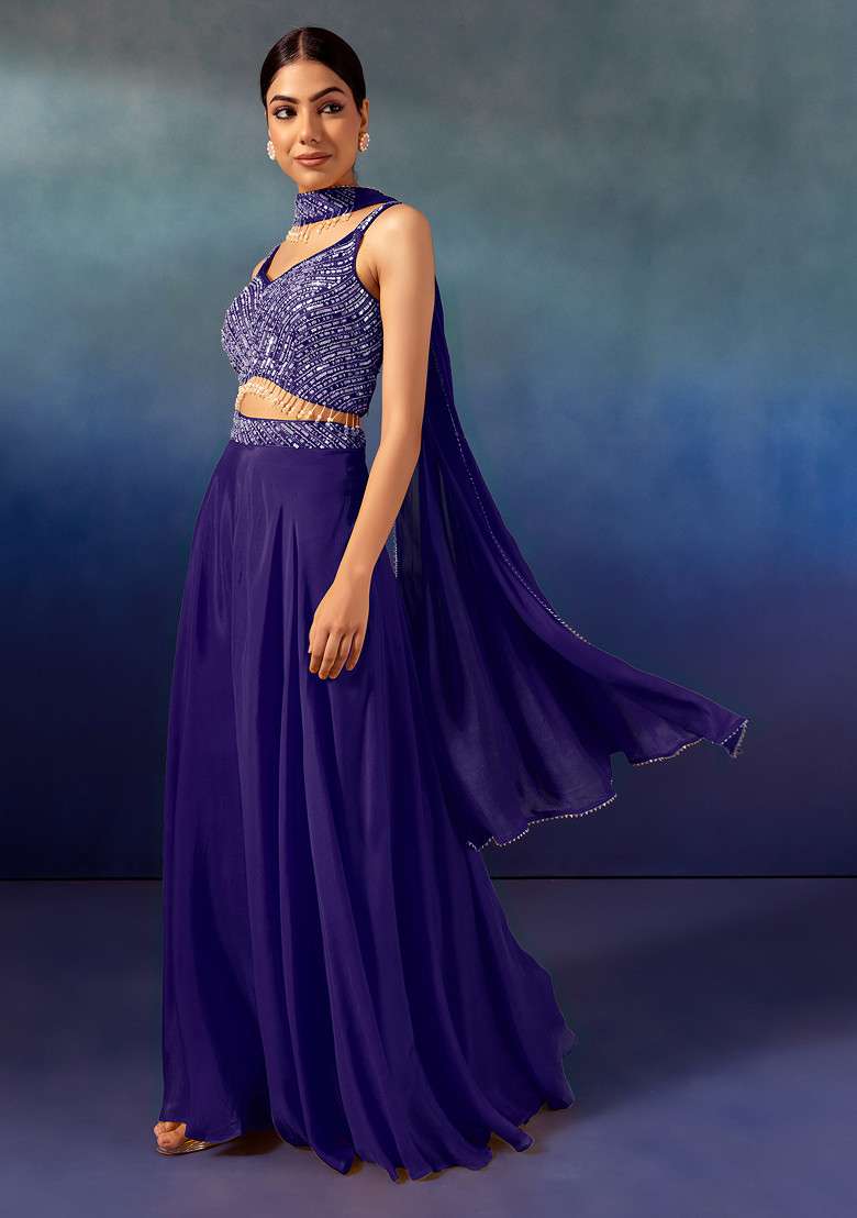 Purple Palazzo Set With Tonal Sequin Embroidered Blouse And Dupatta - Indya