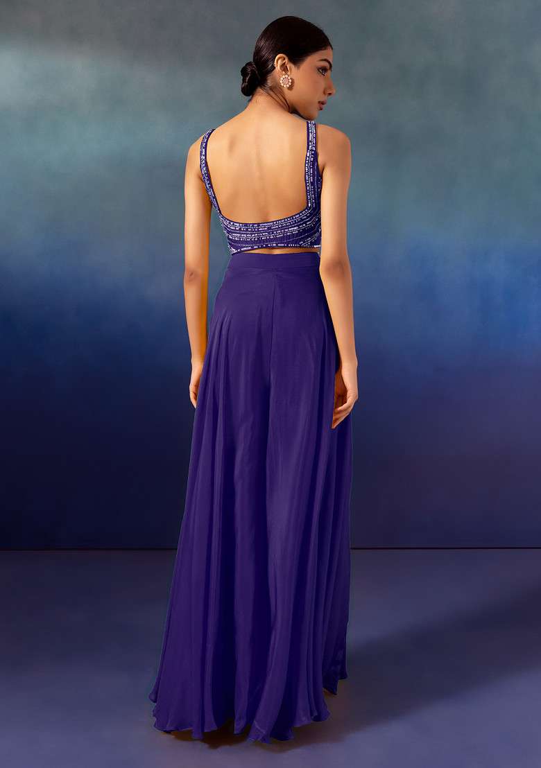 Purple Palazzo Set With Tonal Sequin Embroidered Blouse And Dupatta - Indya