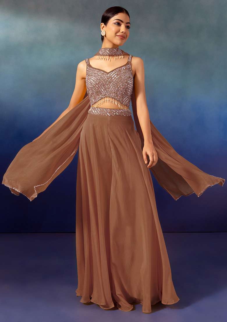 Rusty Rose Palazzo Set With Tonal Sequin Embroidered Blouse And Dupatta - Indya