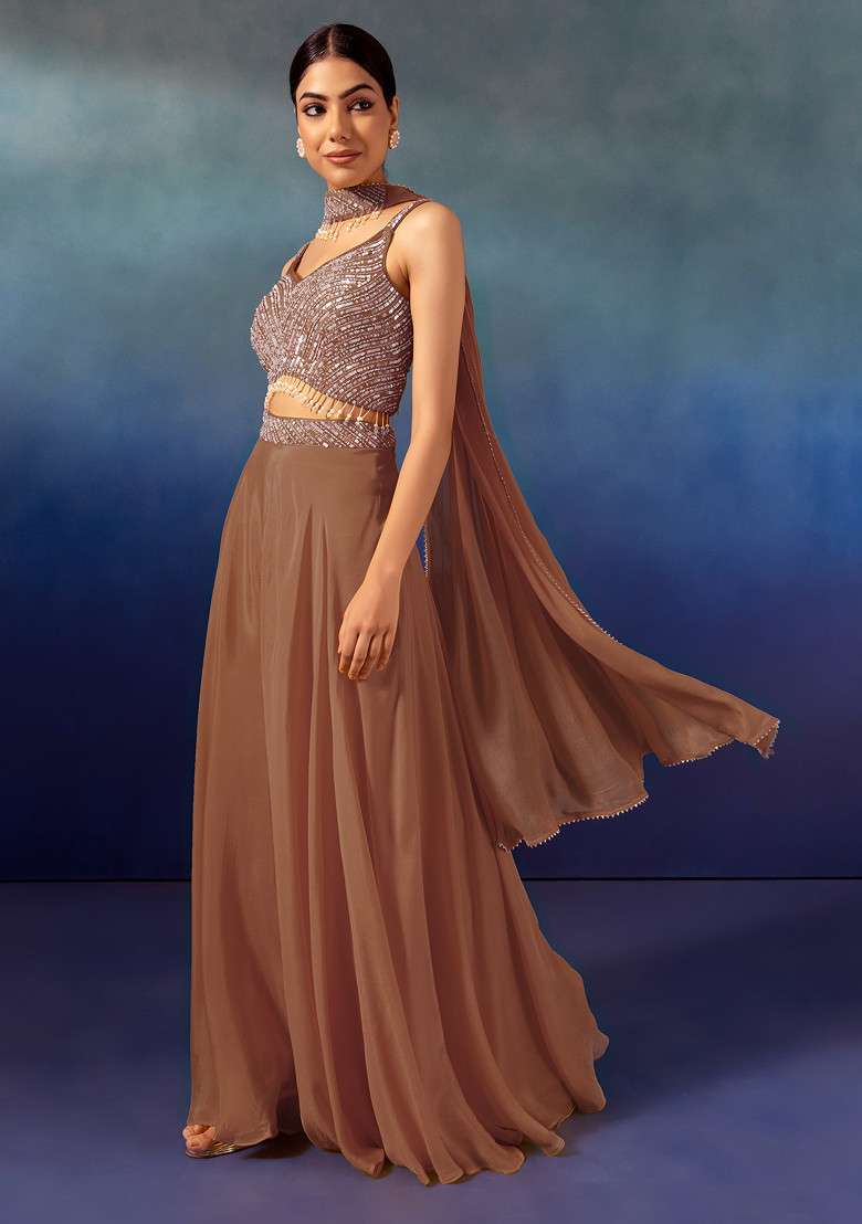 Rusty Rose Palazzo Set With Tonal Sequin Embroidered Blouse And Dupatta - Indya