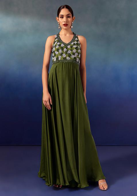 Fern Green Sequin Hand Embroidered Satin Gown