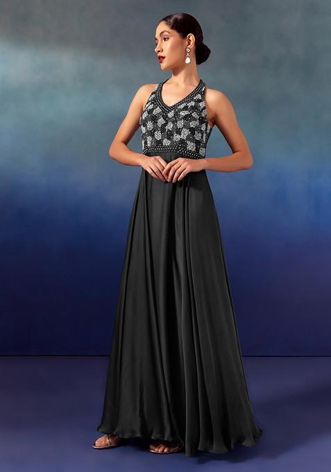 Black Sequin Hand Embroidered Satin Gown