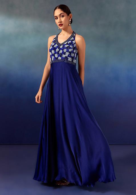 Navy Blue Sequin Hand Embroidered Satin Gown