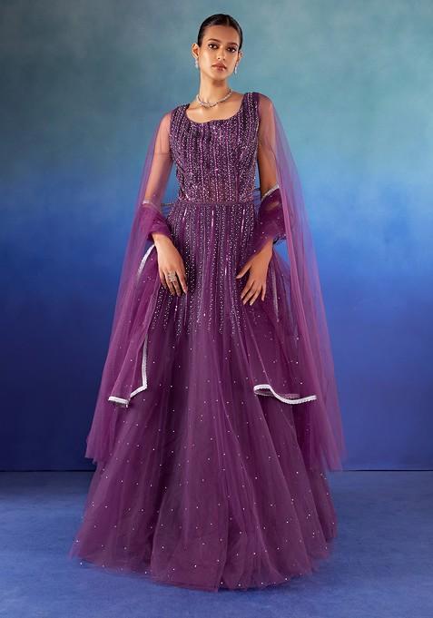 Purple Sequin And Swarovski Embellished Gown With Dupatta