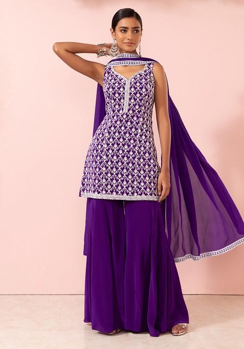 Purple Satin Sharara Set With Sequin Embroidered Kurta And Dupatta