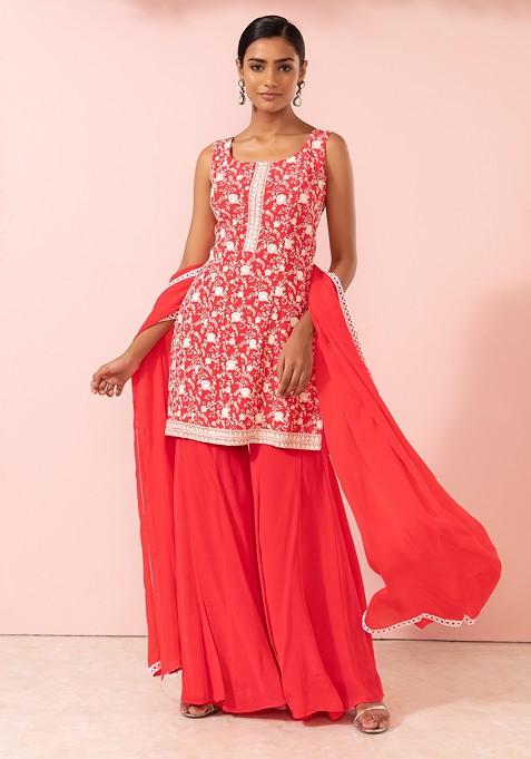Hot Pink Satin Sharara Set With Sequin Embroidered Kurta And Dupatta