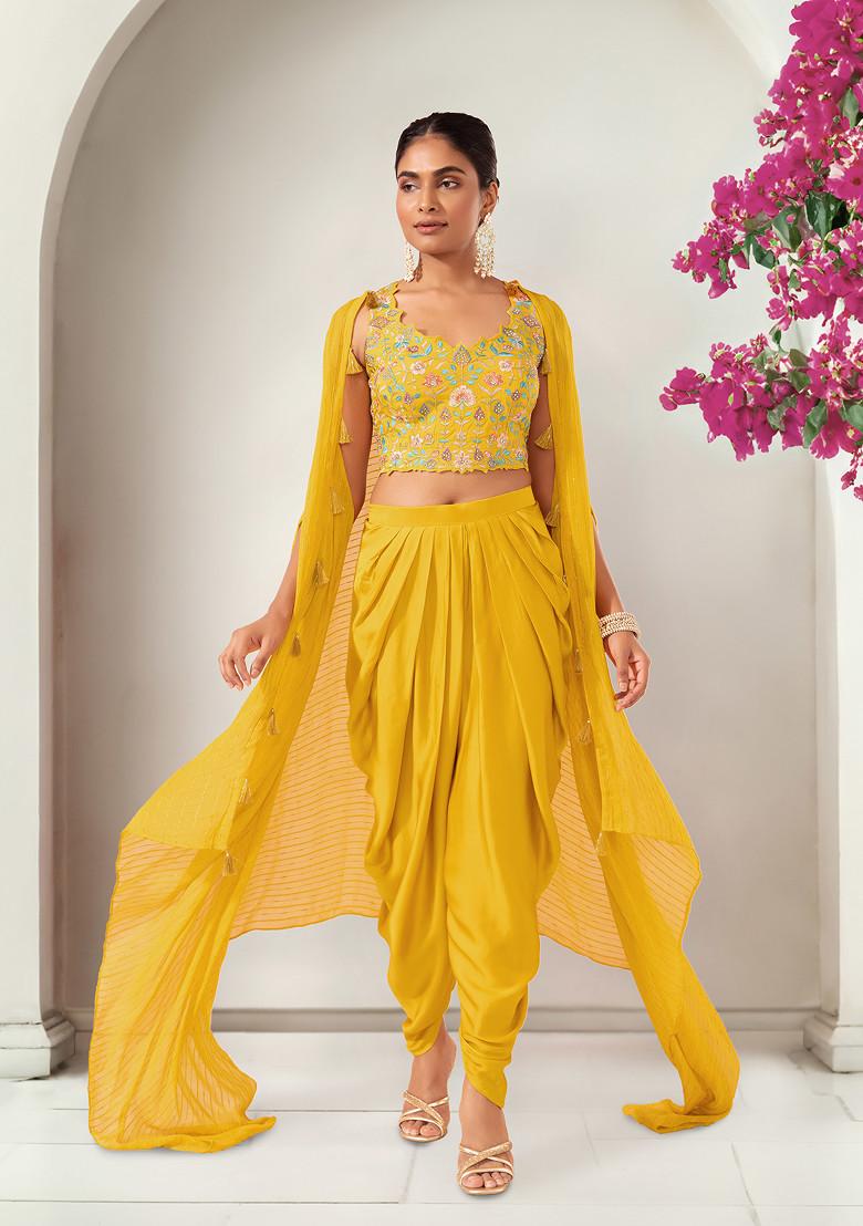 Shop Yellow Embroidered Peplum Kurta With Contrast Dhoti Pants | Woman's  Plaza