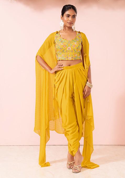Mustard Dhoti Pants Set With Floral Embroidered Blouse And Dupatta