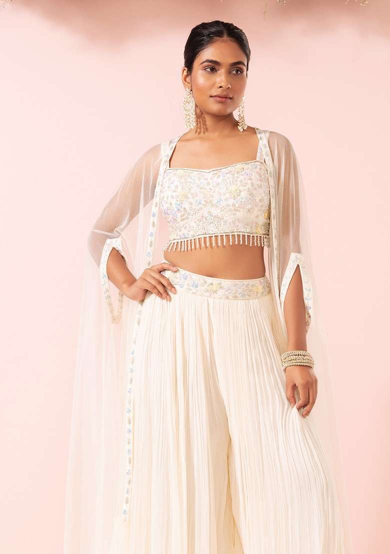 Ivory Sharara Set With Sequin Hand Embroidered Blouse And Mesh Jacket - Indya