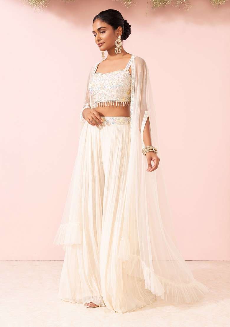 Ivory Sharara Set With Sequin Hand Embroidered Blouse And Mesh Jacket - Indya