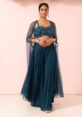 Teal Sharara Set With Sequin Hand Embroidered Blouse And Mesh Jacket