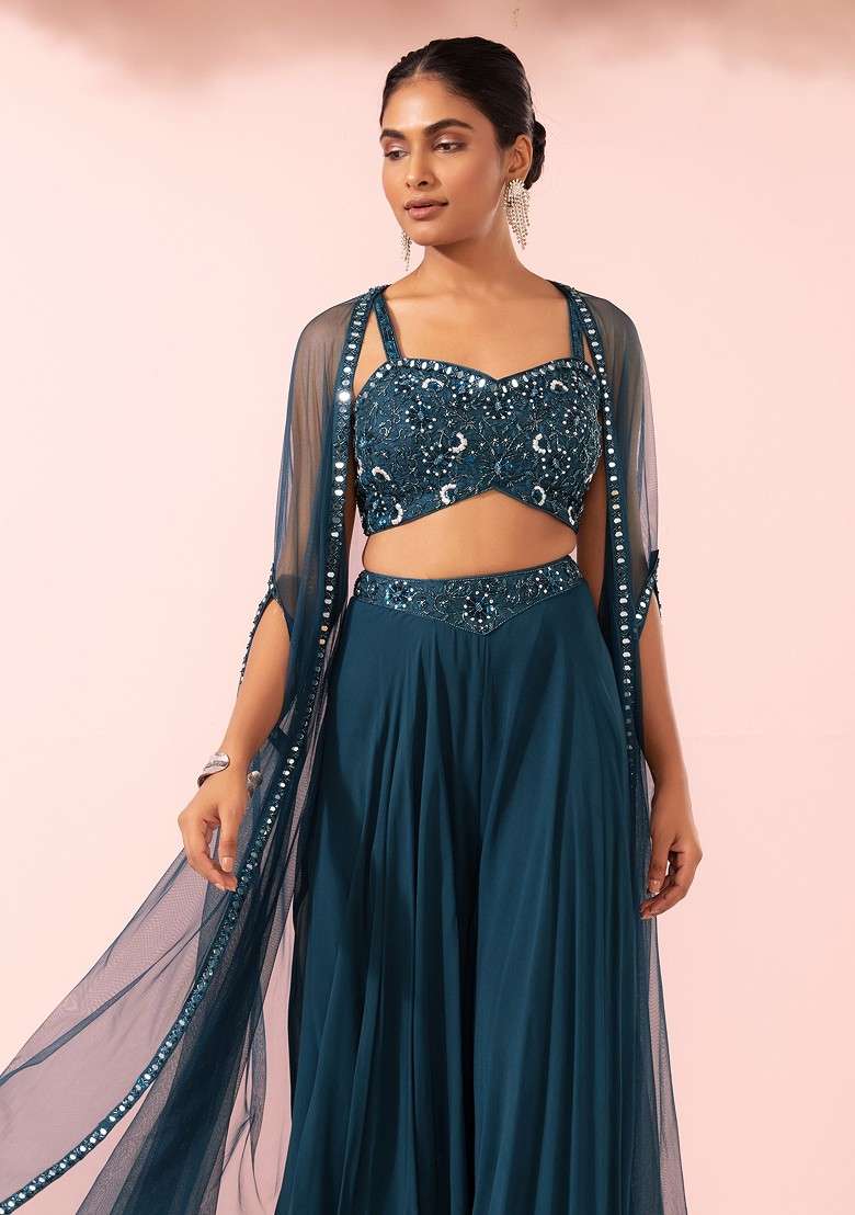 Teal Sharara Set With Sequin Hand Embroidered Blouse And Mesh Jacket - Indya