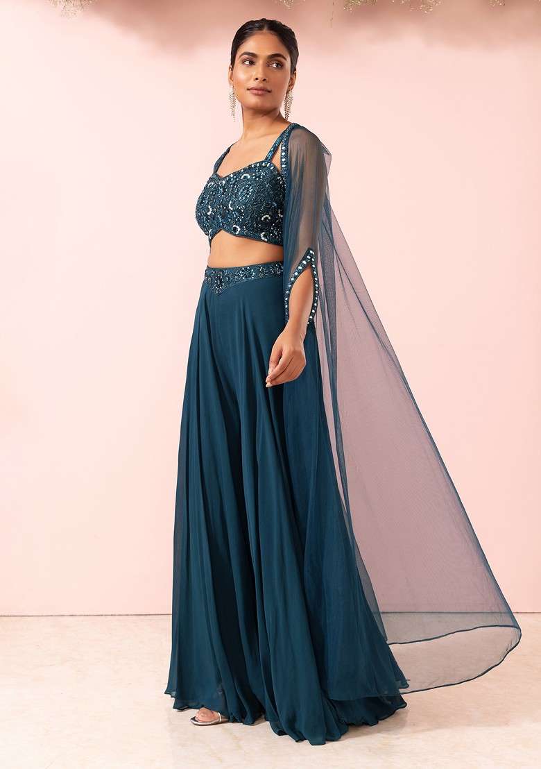 Teal Sharara Set With Sequin Hand Embroidered Blouse And Mesh Jacket - Indya