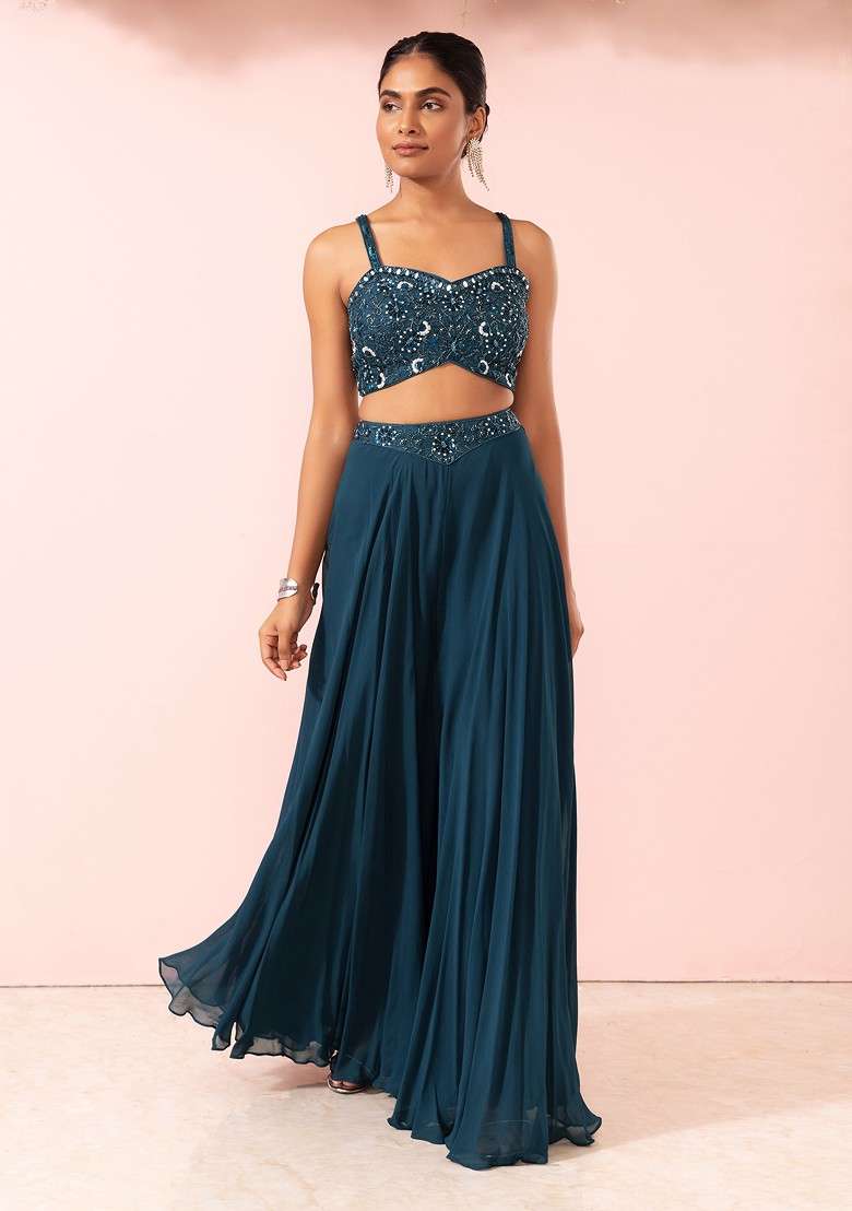 Teal Sharara Set With Sequin Hand Embroidered Blouse And Mesh Jacket - Indya