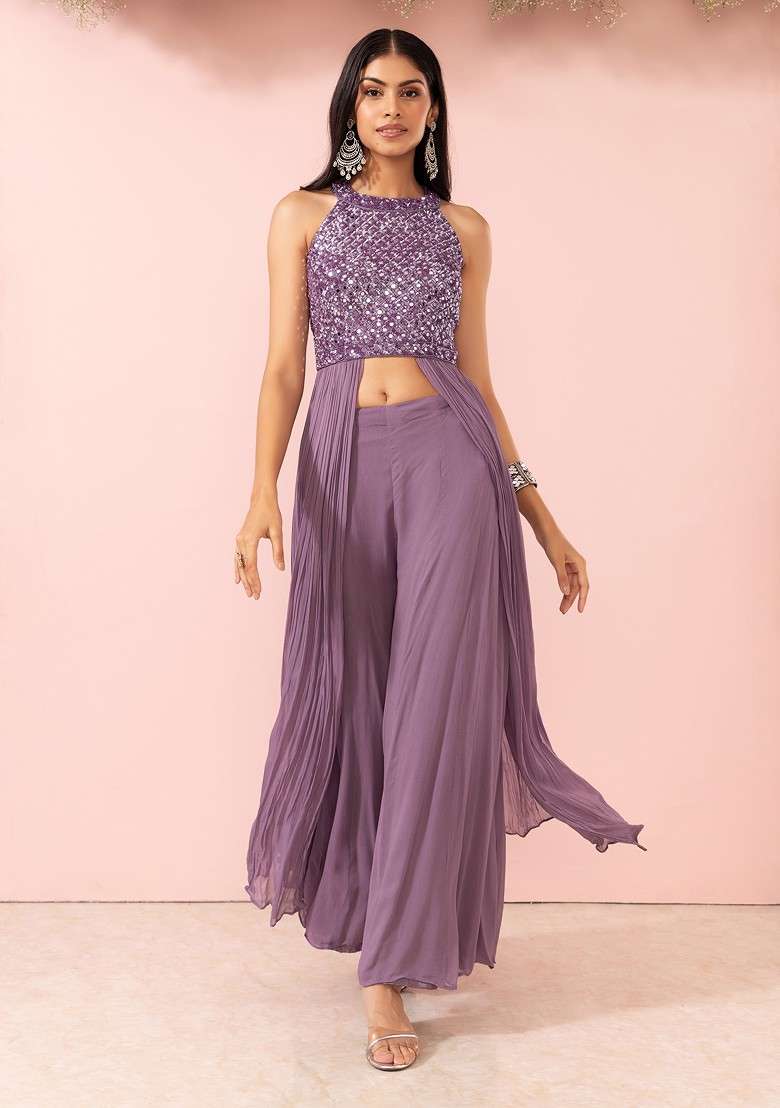 Mauve Sharara Set With Sequin Embellished Kurta - Indya