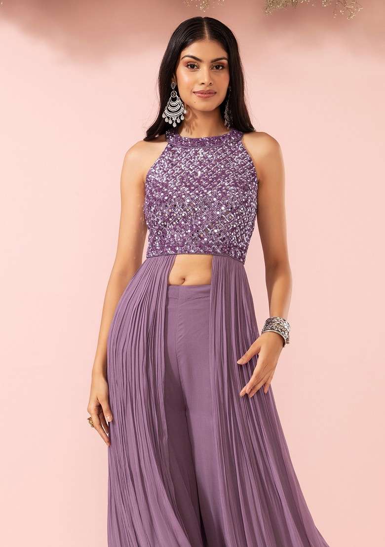 Mauve Sharara Set With Sequin Embellished Kurta - Indya