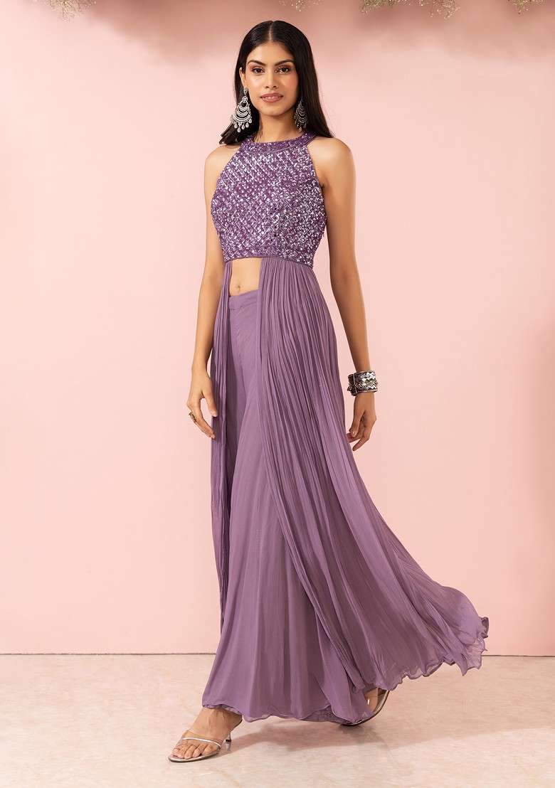 Mauve Sharara Set With Sequin Embellished Kurta - Indya