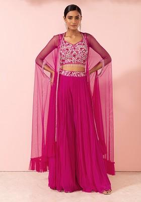 Bright Pink Sharara Set With Floral Sequin Embellished Blouse And Mesh Jacket