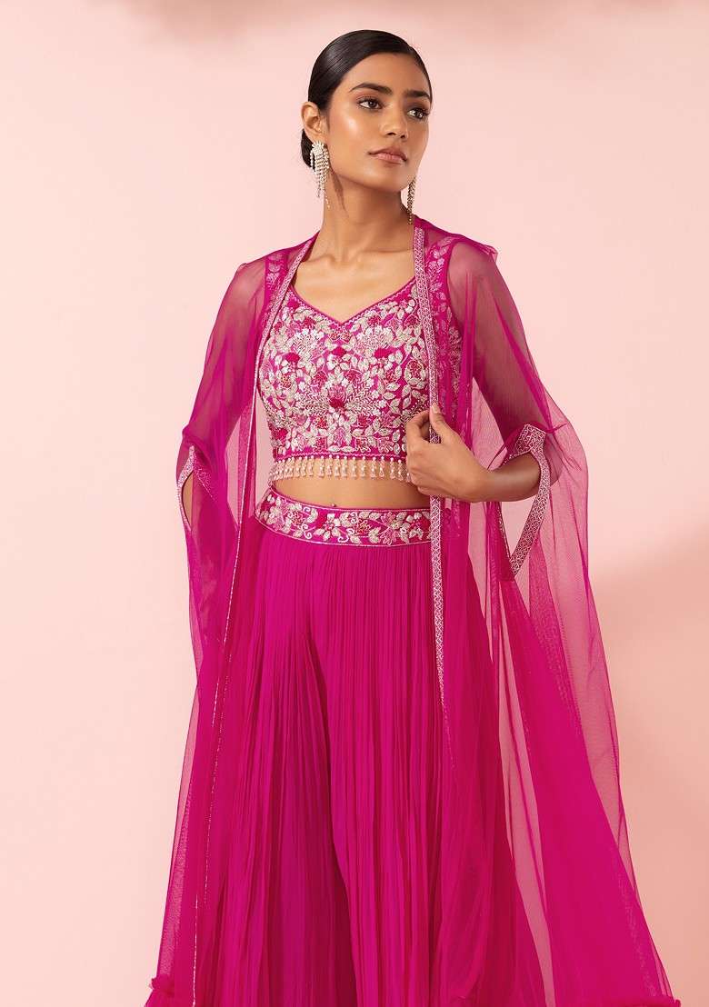Bright Pink Sharara Set With Floral Sequin Embellished Blouse And Mesh Jacket - Indya