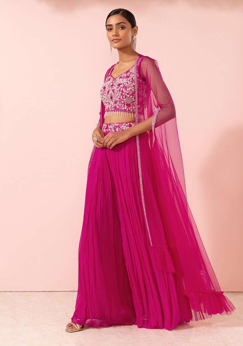 Bright Pink Sharara Set With Floral Sequin Embellished Blouse And Mesh Jacket - Indya