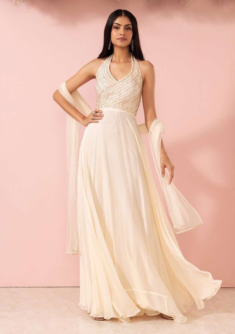 Ivory Sequin Embellished Halter Anarkali Gown With Mesh Dupatta - Indya