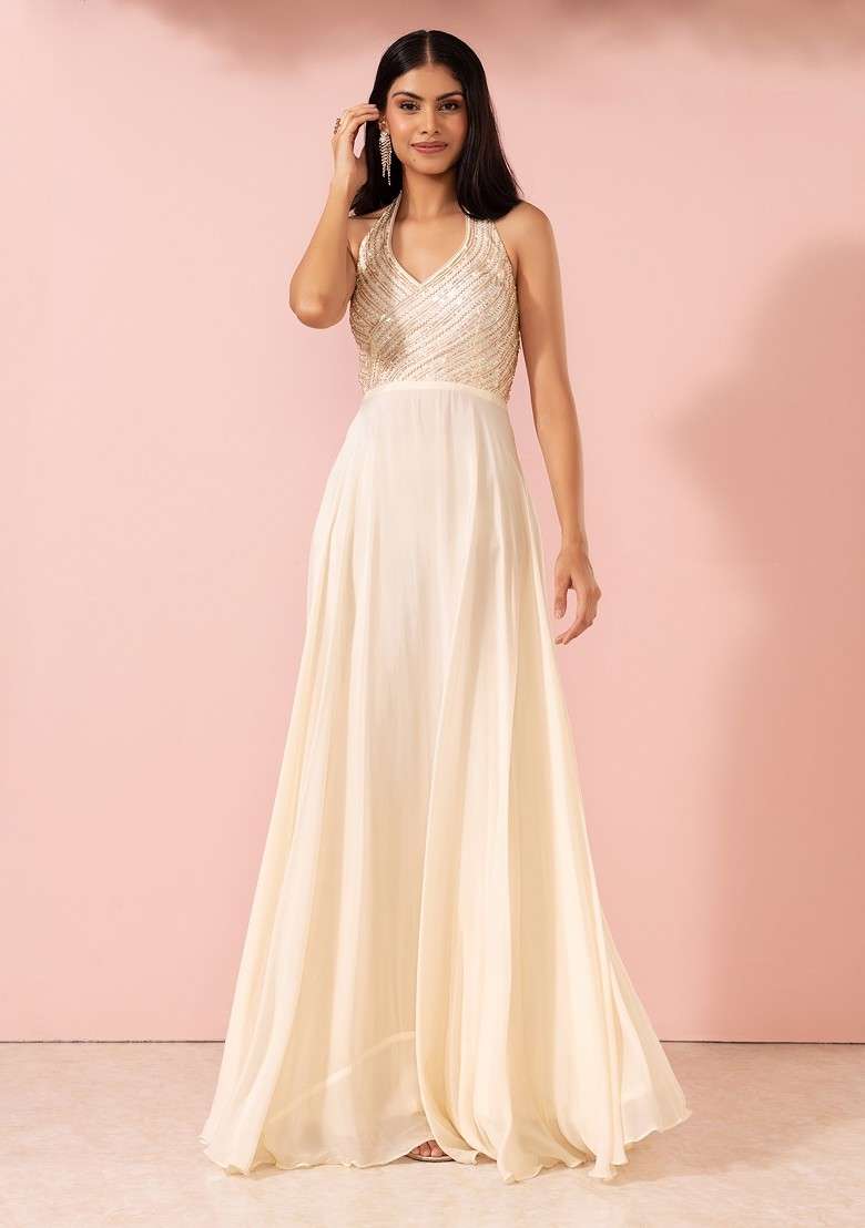 Ivory Sequin Embellished Halter Anarkali Gown With Mesh Dupatta - Indya