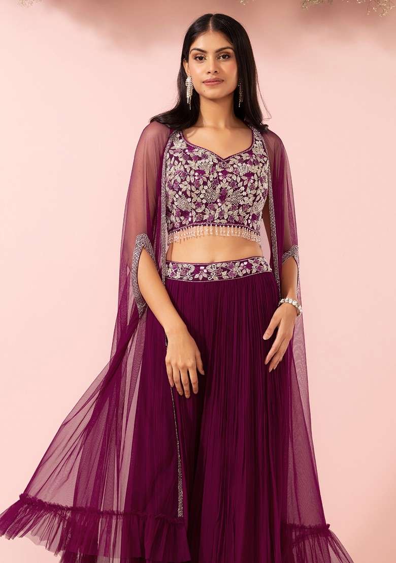 Purple Sharara Set With Floral Embellished Blouse And Mesh Jacket - Indya