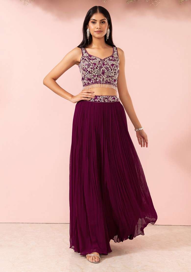 Purple Sharara Set With Floral Embellished Blouse And Mesh Jacket - Indya