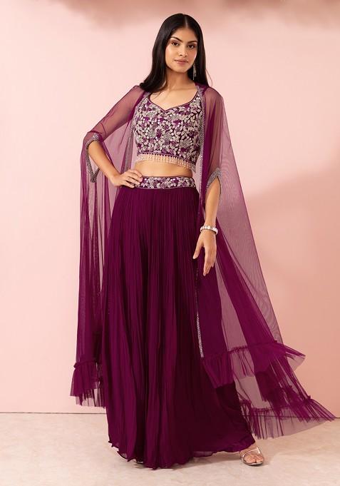 Purple Sharara Set With Floral Embellished Blouse And Mesh Jacket