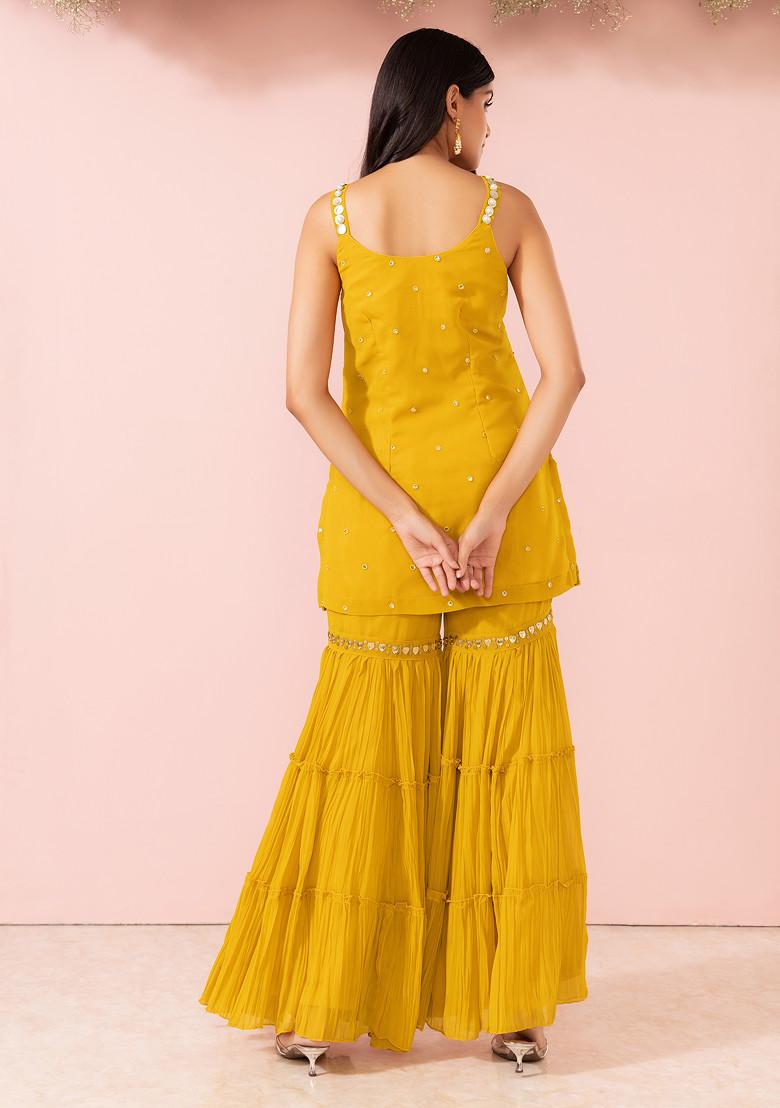 Ishin Women's Mustard Embroidered Kurta Sharara Dupatta Set - Cotton Blend A-Line Kurta, Small Size