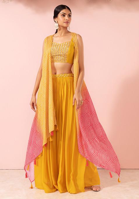 Mustard Sharara Set With Sequin Embroidered Blouse And Printed Jacket