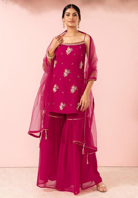 Rani Pink Sharara Set With Embroidered Kurta And Mesh Dupatta
