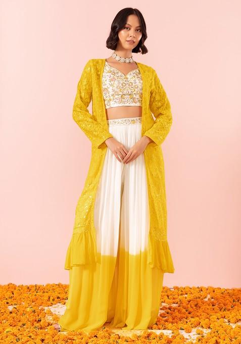 Off White And Yellow Sharara Set With Mirror Embroidered Blouse And Jacket