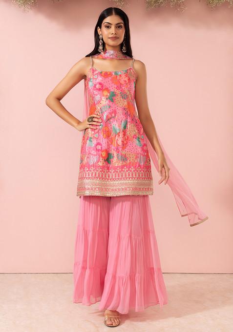 Pink Sharara Set With Floral Print Kurta And Mesh Dupatta